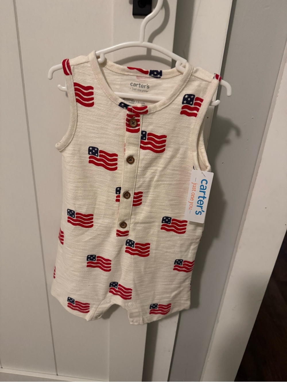 Carter's Cream Sleeveless Romper with Red and Blue Flag Print